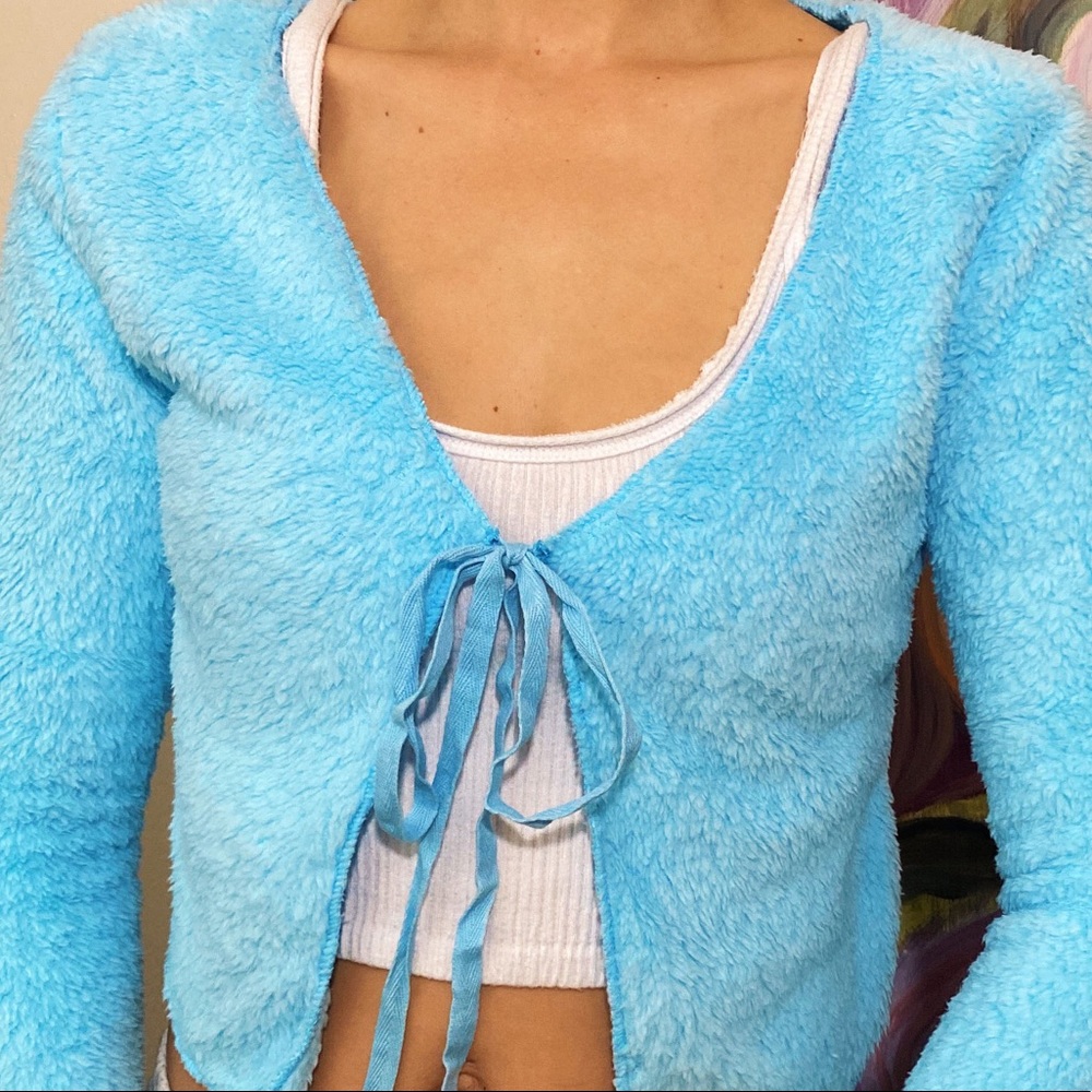 Fuzzy Blue Tie Front Cropped Sweater - Picture 3 of 3